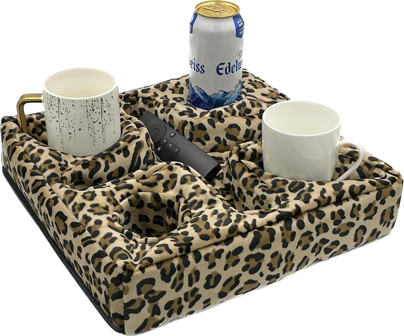 Xchouxer Couch and Bed Cup Holder Pillow, Sofa Refreshment Tray for Drinks/Remote Control/Snacks Holder (Leopard) - Image 1